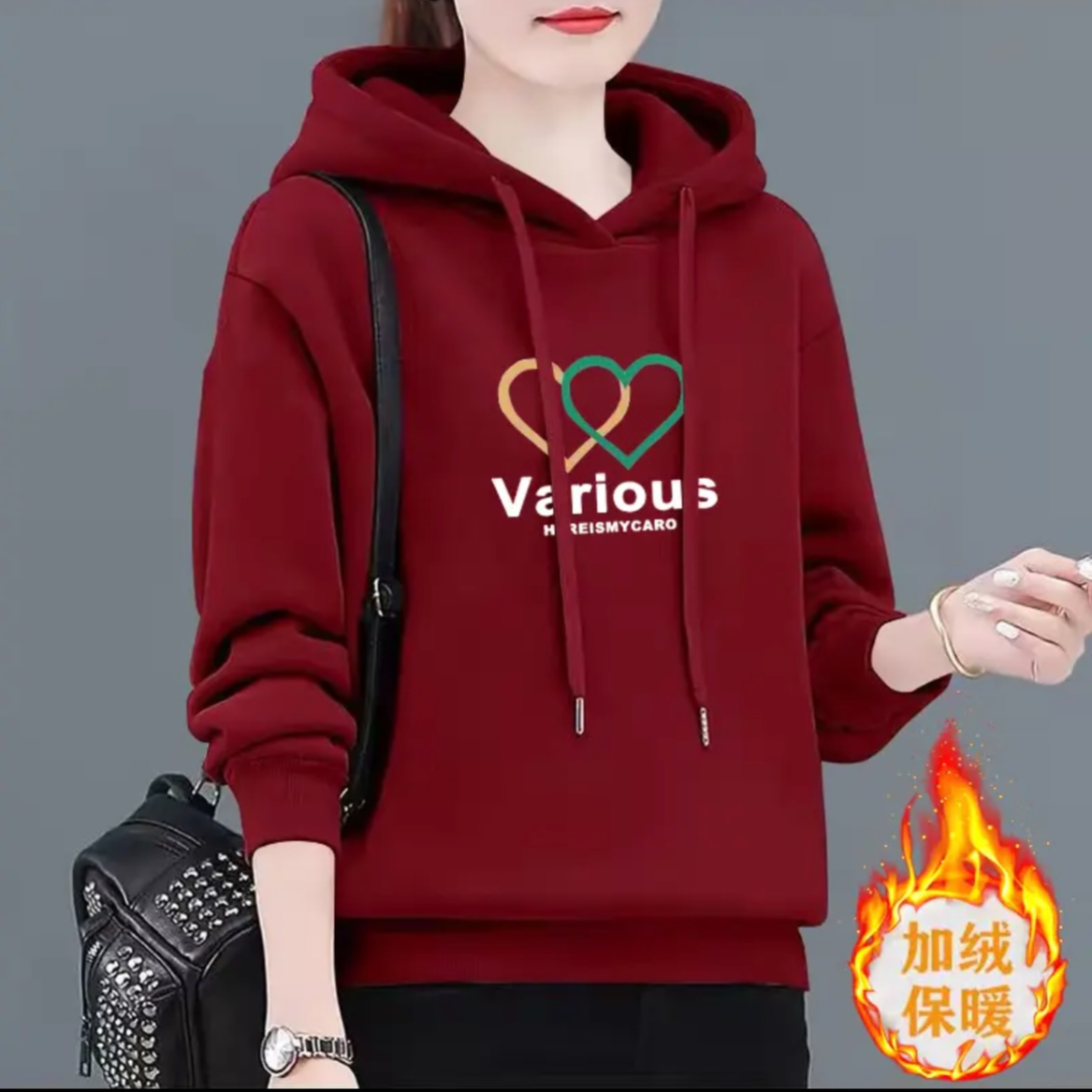 新款连帽红色卫衣女加绒加厚冬季高端百搭时髦保暖外穿宽松上衣