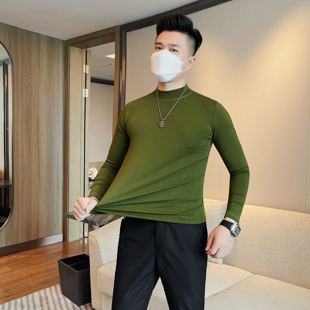 男士小领长袖弹力打底衫韩版修身上衣纯色秋冬季百搭款中领T恤潮