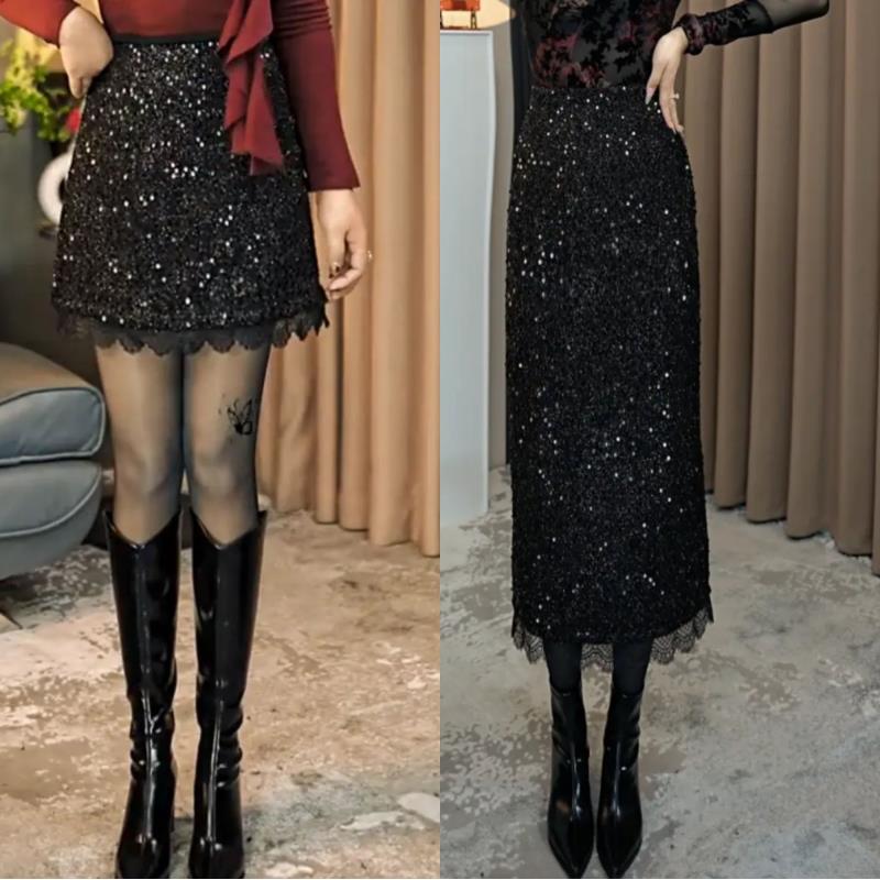 鑫儿2025秋冬新款气质高腰蕾丝亮片洋气时尚显瘦a字裙考试网红