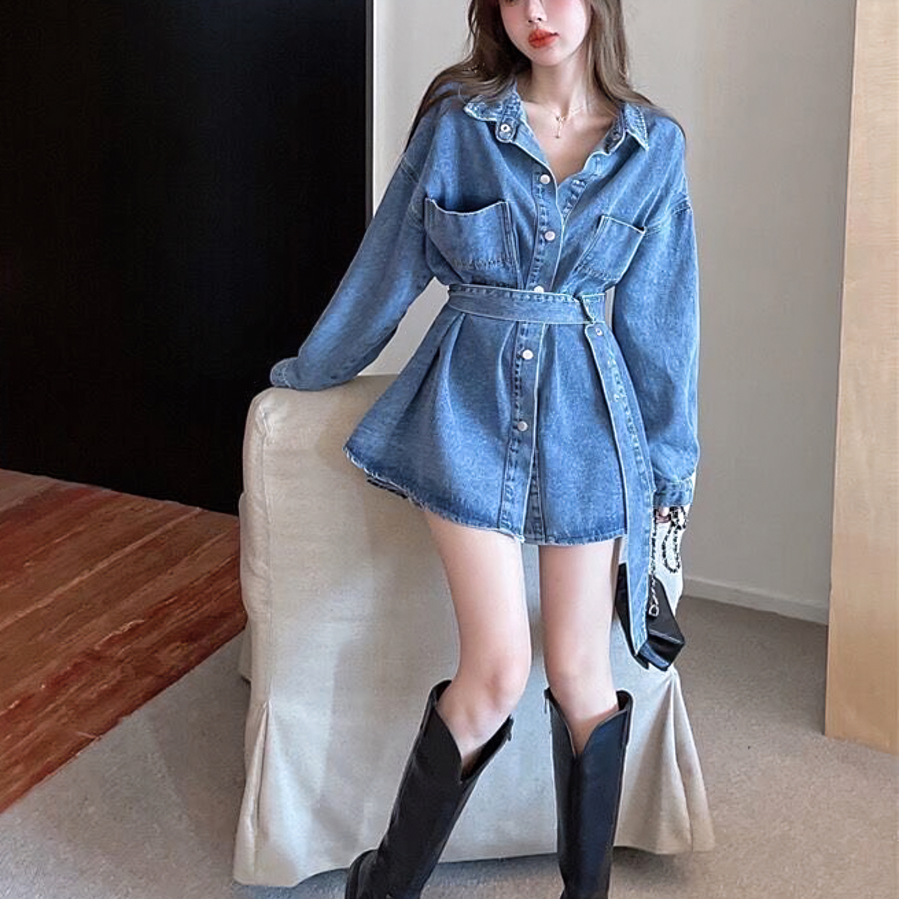 牛仔衬衫女春秋新款显瘦中长款衬衣外套小个子宽松设计感小众上衣