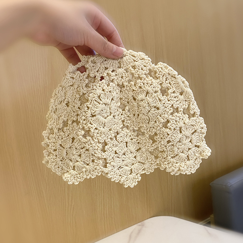 帽子女日系镂空手工钩花套头帽女士复古气质透气针织包头帽韩版潮