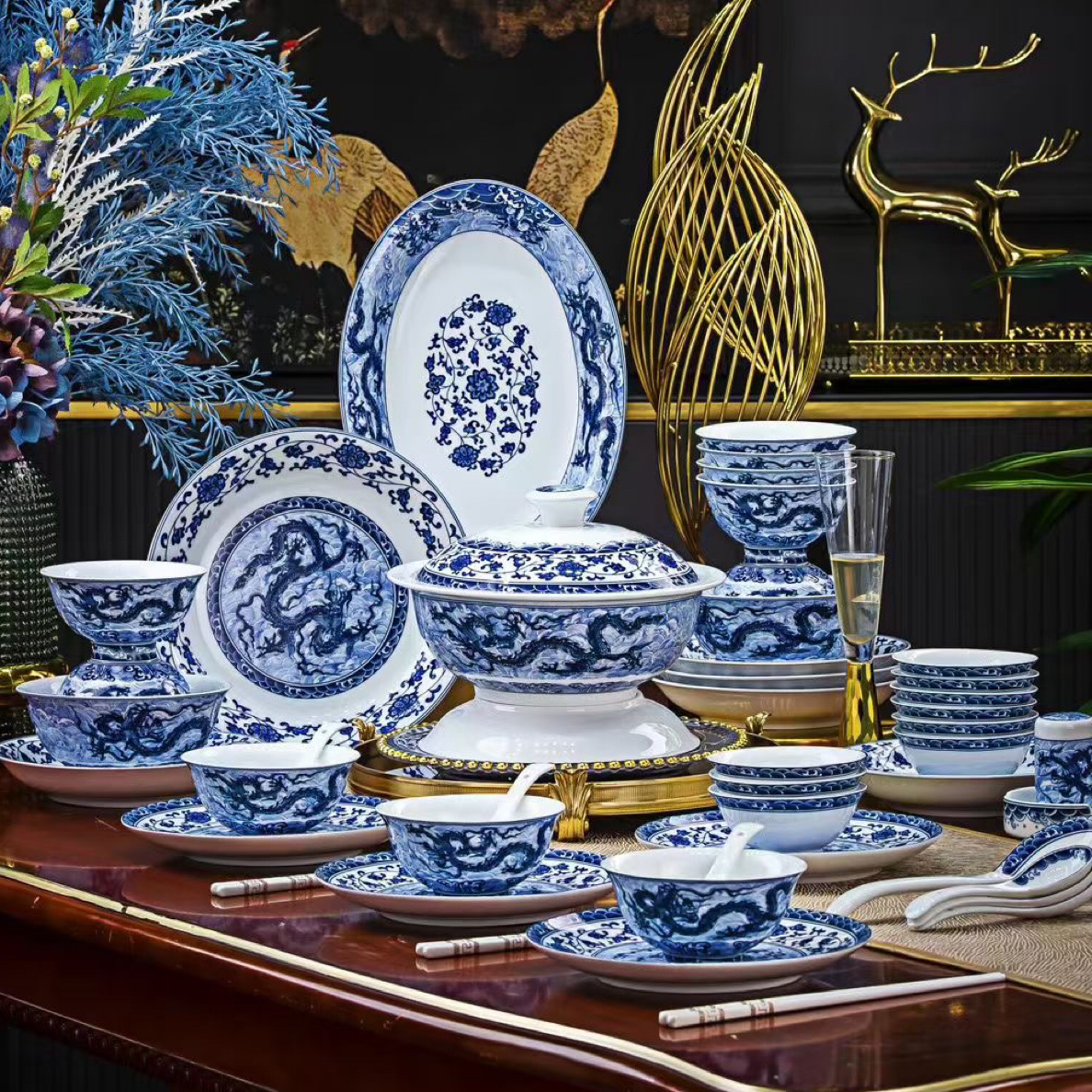 【正宗景德镇白瓷】秞下彩元青花龙腾盛世碗碟家用餐具套装中式陶瓷