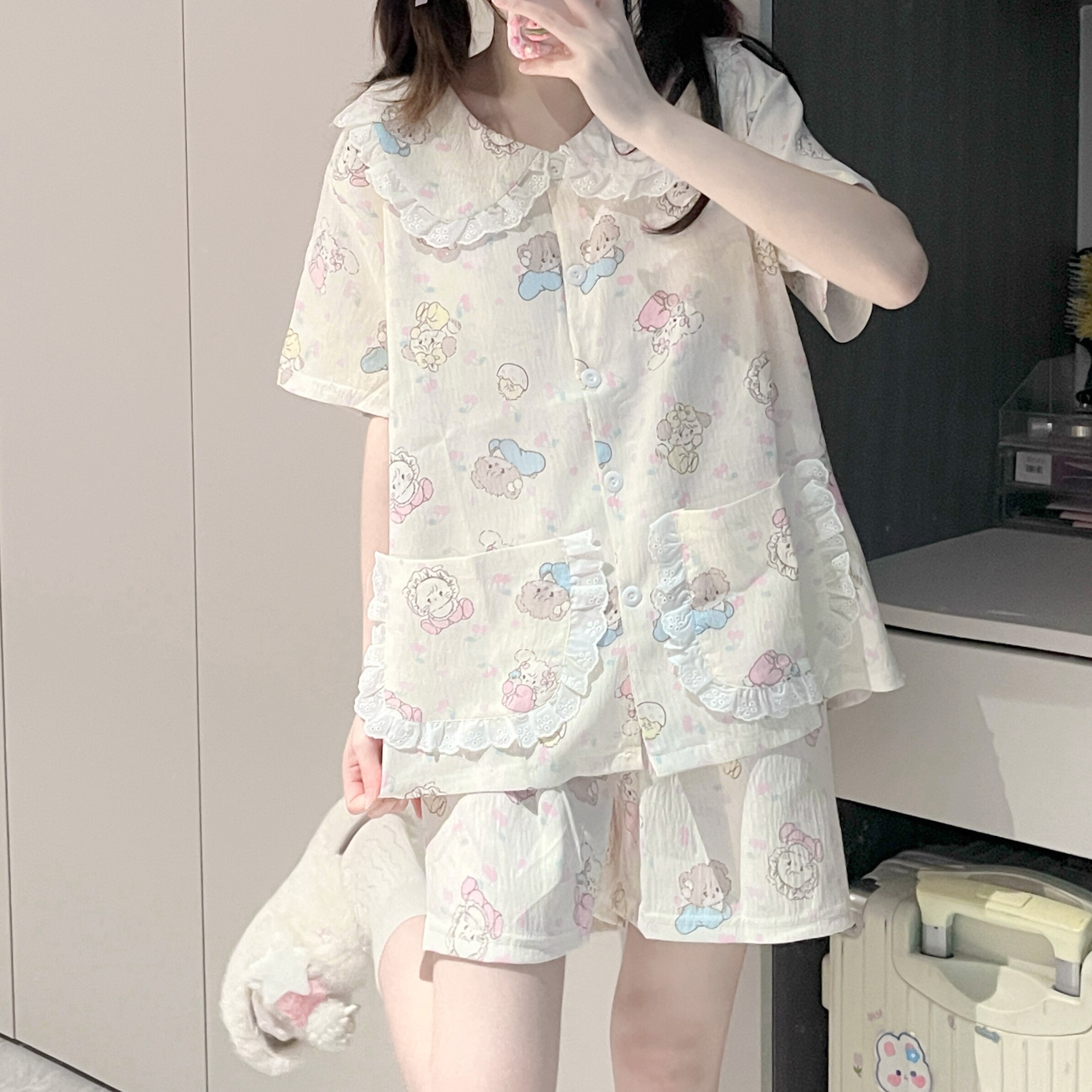 夏季mikko短袖爆款带胸垫睡衣女套装大码卡通娃娃领蕾丝居家居服