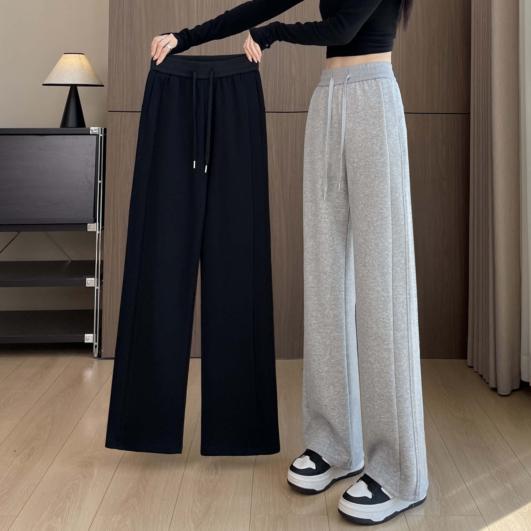 窄版香蕉裤女2025新款秋冬加绒灰色纯棉运动休闲卫裤直筒阔腿裤