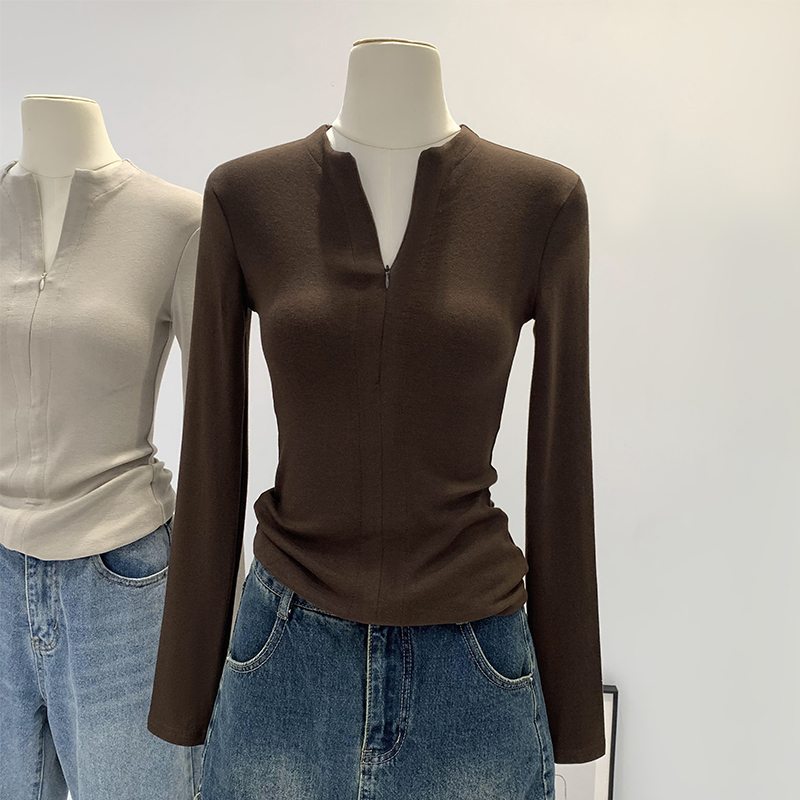 【部分现】设计感拉链小众修身打底衫女秋冬内搭长袖t恤上衣240575