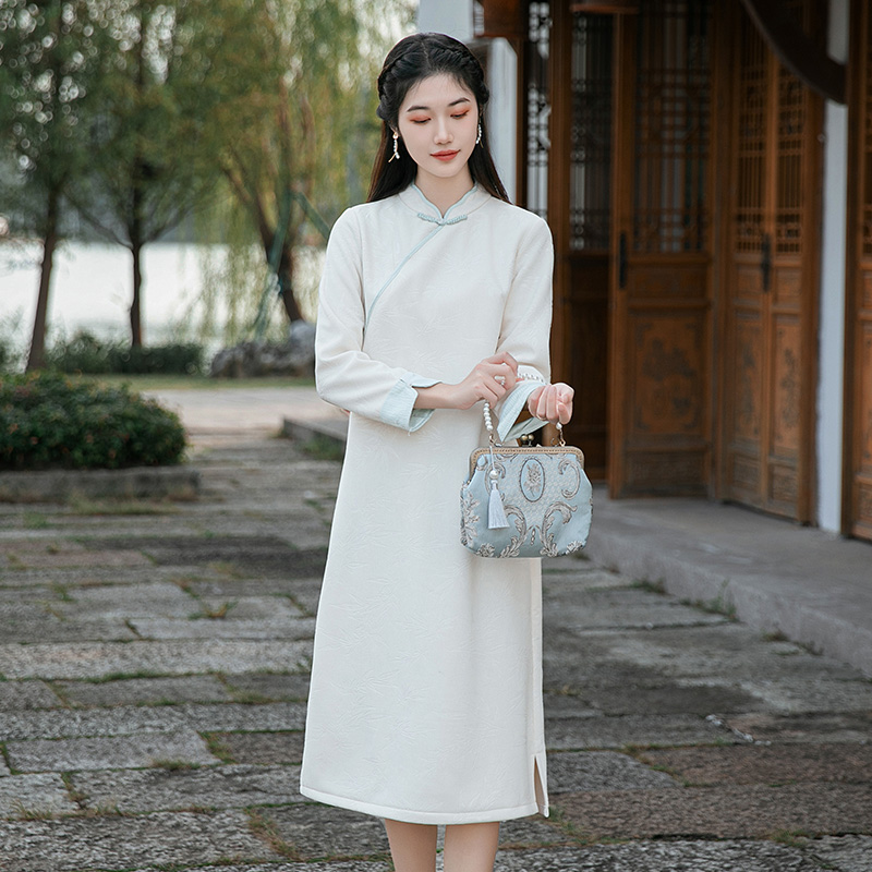 秋冬中国风女装气质长款连衣裙中式立领禅意茶服长袖加绒加厚汉服