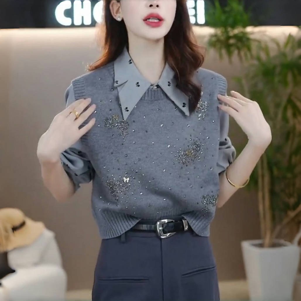 重工高级感亮片设计针织背心马甲女秋冬叠穿毛衣内搭坎肩马夹ins