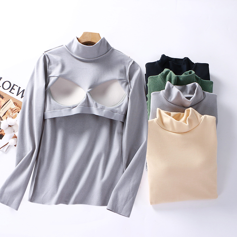 半高领自带胸垫一体式长袖保暖T恤女免穿内衣双面德绒单件上衣冬