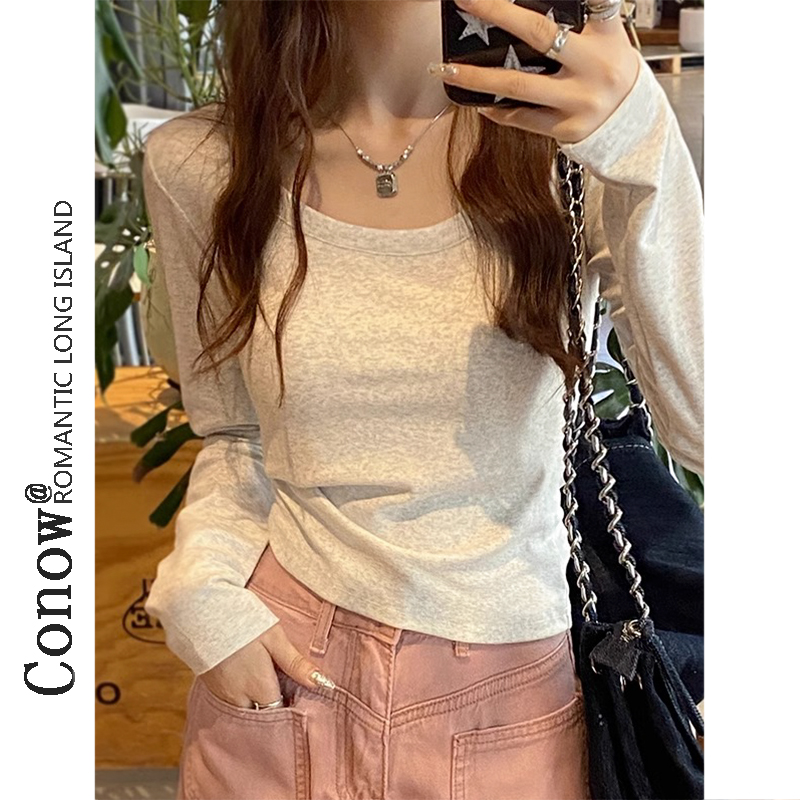 露锁骨大领口修身长袖t恤百搭款显瘦辣妹打底衫女秋冬内搭上衣