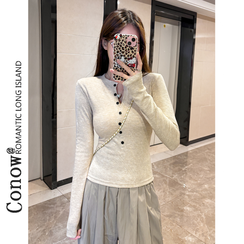 秋冬加绒内搭打底衫女辣妹心机半开领长袖T恤ins修身纯欲上衣