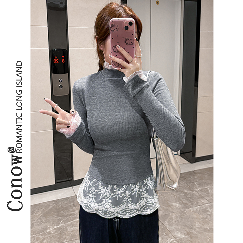 芭蕾风洋气时尚百搭T恤女小众设计感秋冬叠穿修身加绒打底衫