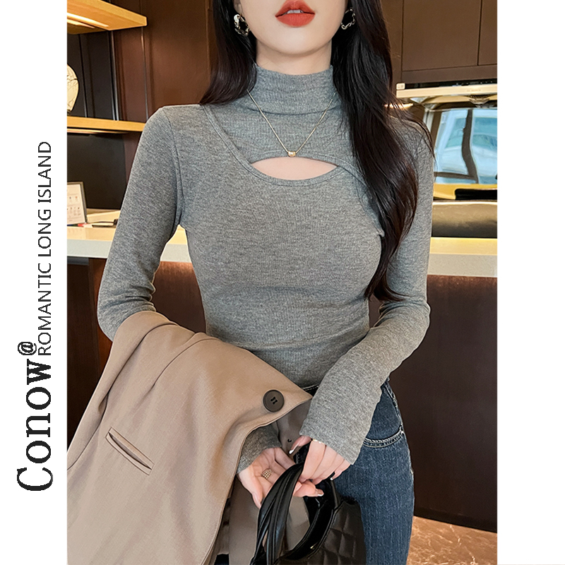 设计感打底衫女内搭秋冬半高领新款加绒保暖修身T恤磨毛上衣