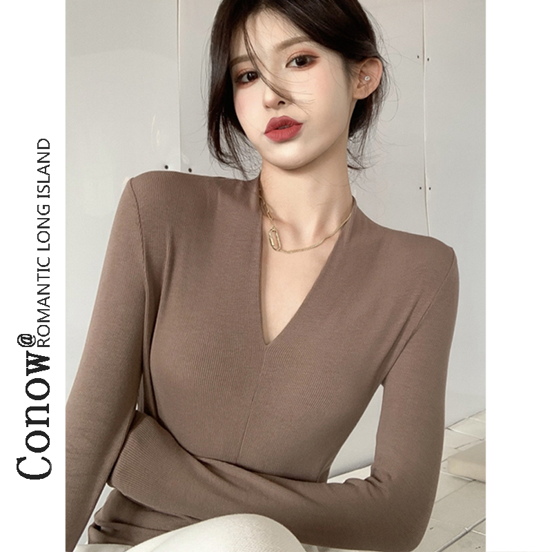 黑色打底衫女春秋季V领洋气修身显瘦时尚T恤低领长袖内搭紧身上衣