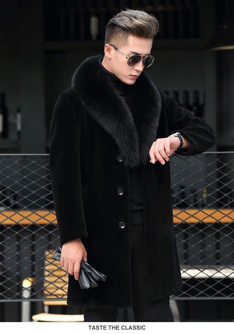 羊剪绒大衣男时尚皮草狐狸大毛领修身羊羔毛保暖中长款外套