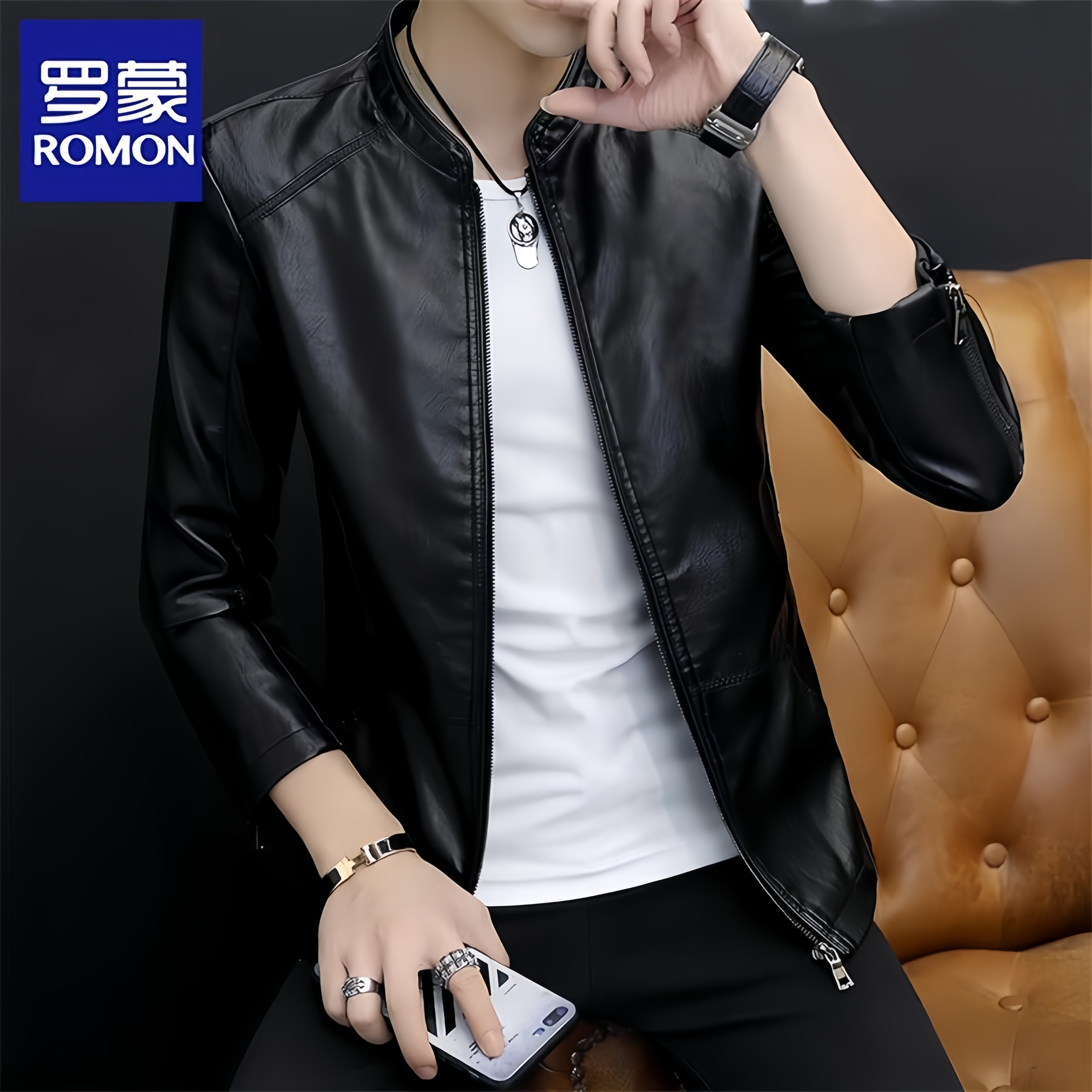 Romon/罗蒙春季新款男士皮衣百搭潮流帅气机车皮夹克立领修身外套