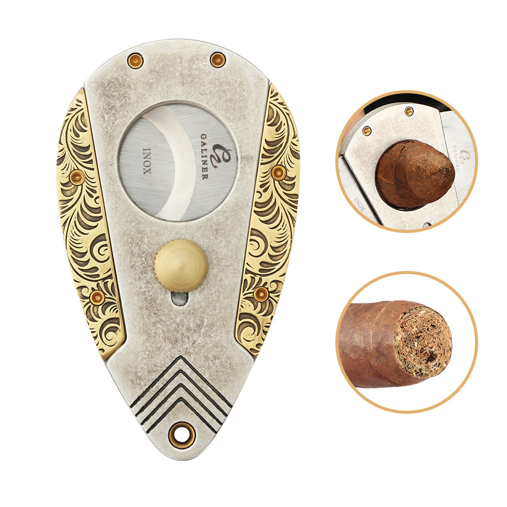 GALINER雪茄剪刀复古雕刻磨花不锈钢锋利双刃便携剪烟器雪茄刀