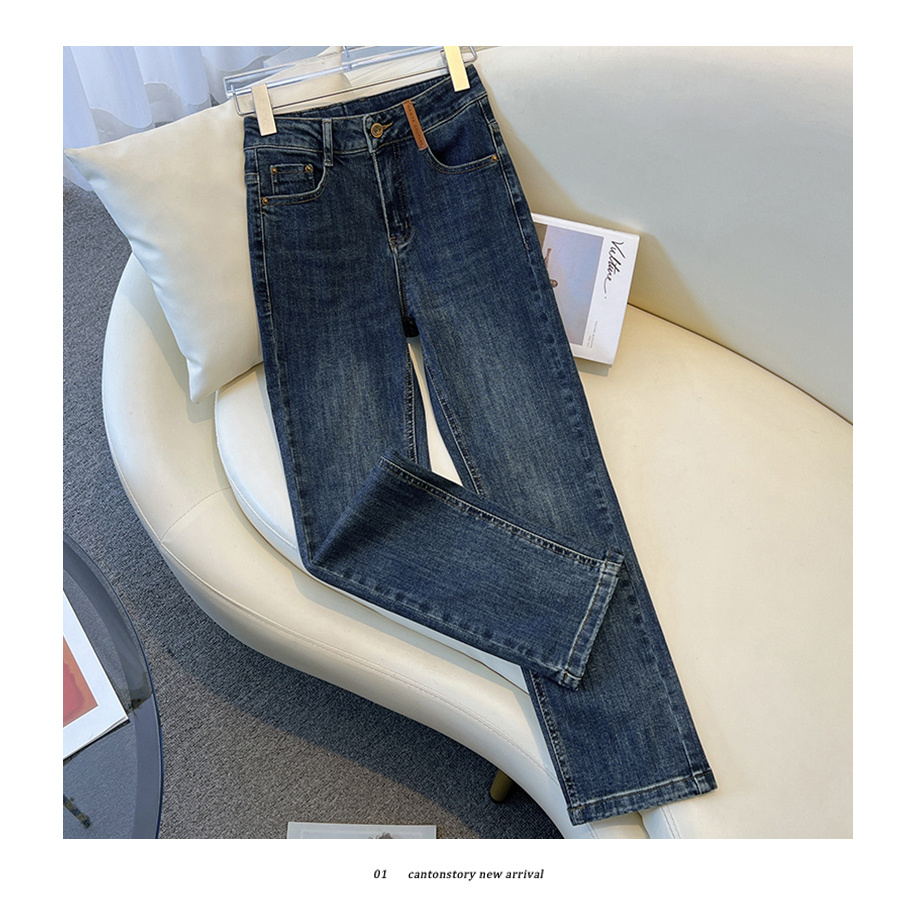 加绒烟管牛仔裤女秋冬新款修身裤子显瘦小个子九分复古高腰直筒裤