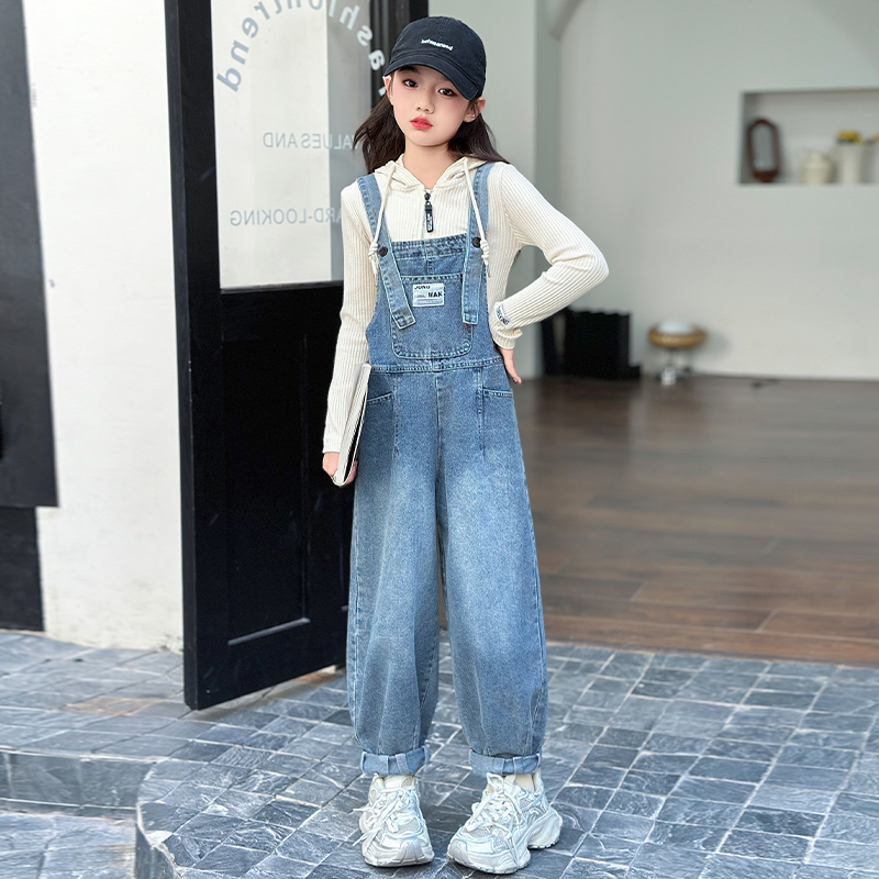 女童牛仔背带裤套装秋装2025新款洋气中大儿童韩版休闲两件套春秋