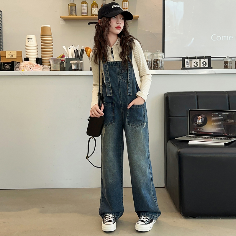 女童牛仔背带裤套装秋装2025新款洋气中大儿童时尚休闲两件套春秋