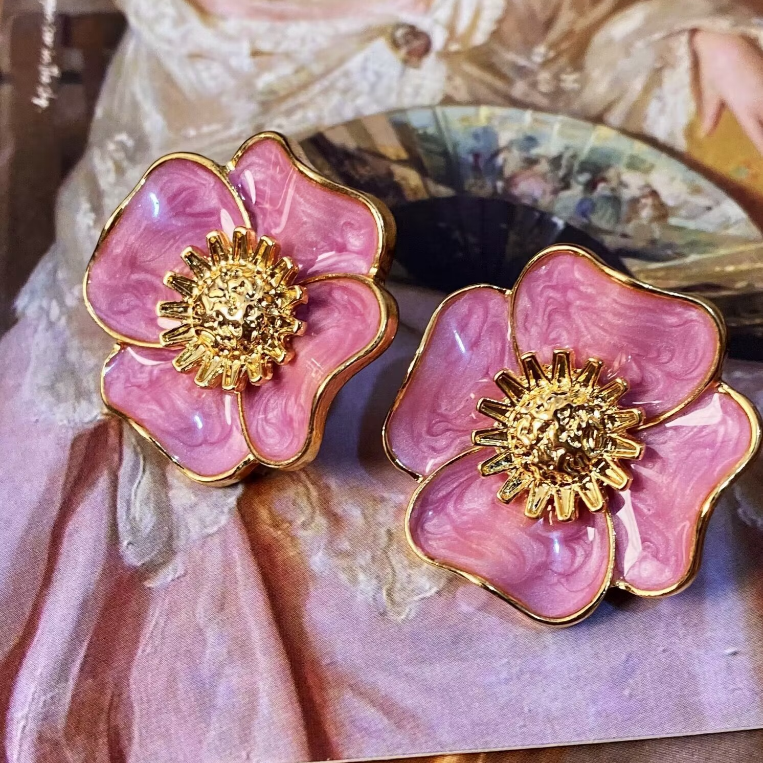 合金耳饰 格调花朵耳钉银针西洋宫廷风滴釉耳环无耳洞耳夹女包邮