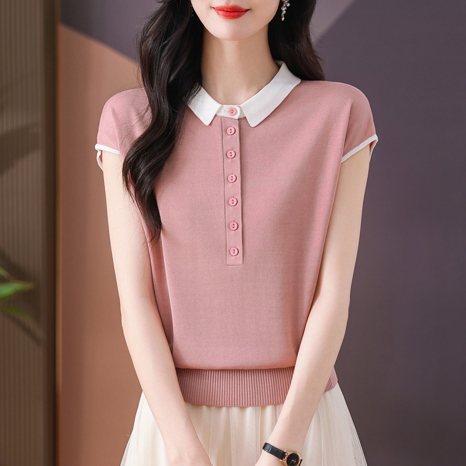 【100天丝】夏季新款女士翻领气质薄款洋气宽松显瘦百搭短袖针织衫