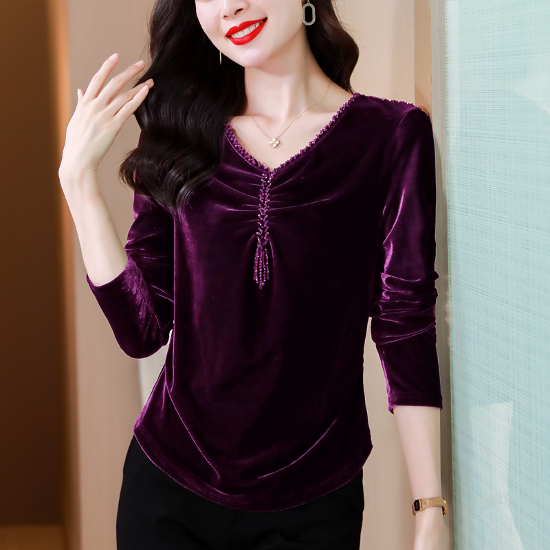 丝绒V领T恤女长袖秋冬新款时髦加绒加厚内搭小衫黑色打底衫上衣女
