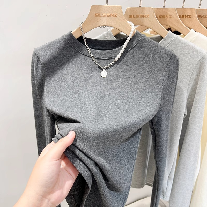 灰色圆领正肩长袖t恤女秋冬季设计感欧货修身短款上衣打底衫内搭