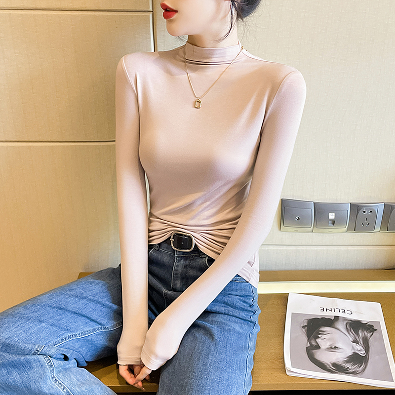 皮粉色莫代尔半高领女内搭2023早春秋新款长袖打底衫洋气修身恤潮