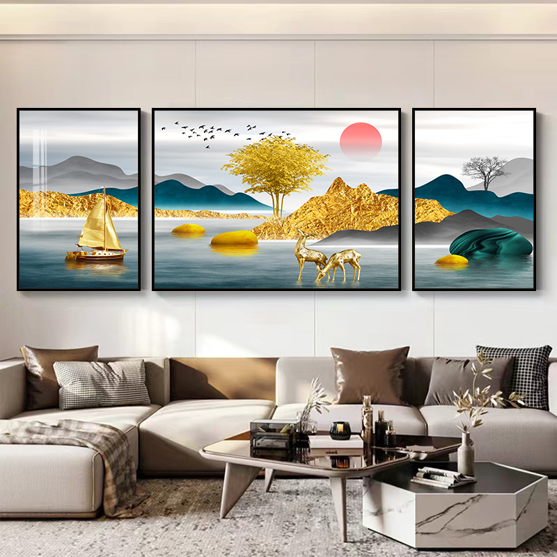 【富水金山】客厅装饰画三联画P沙发挂画背景画晶瓷镶钻工艺