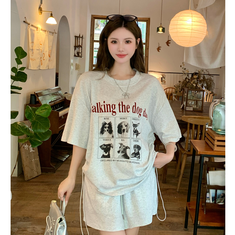 2024夏季大码女装小狗字母印花圆领抽绳短袖T恤显瘦半裙两件套