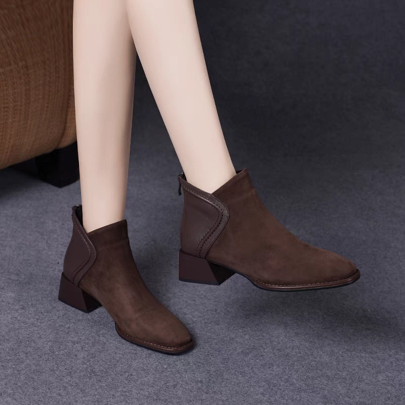 2025秋冬季磨砂短靴女粗跟中跟秋冬软皮鞋踝靴气质马丁高跟鞋粗跟