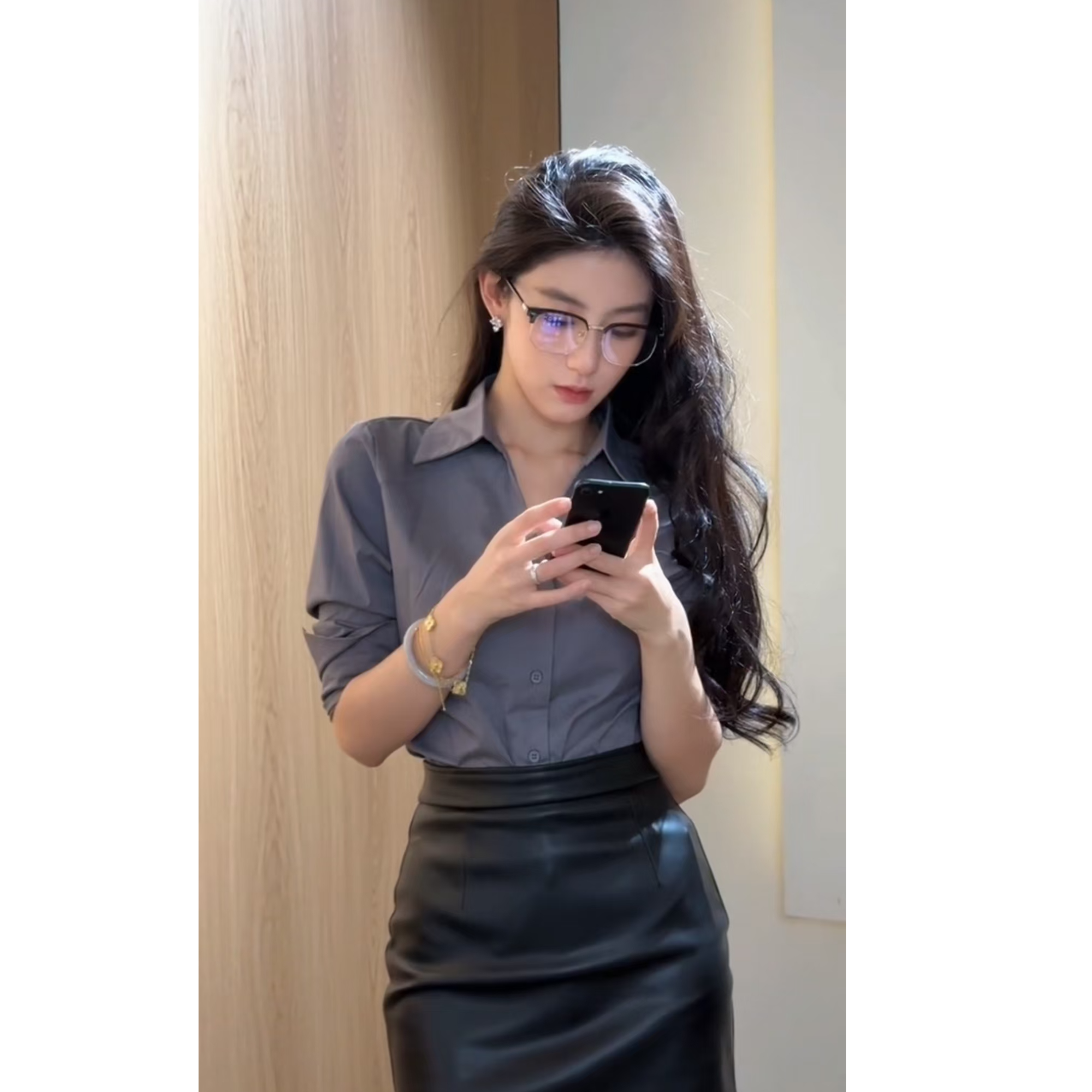 法式纯欲风POLO领长袖衬衫女秋季2024新款高腰包臀半身裙套装