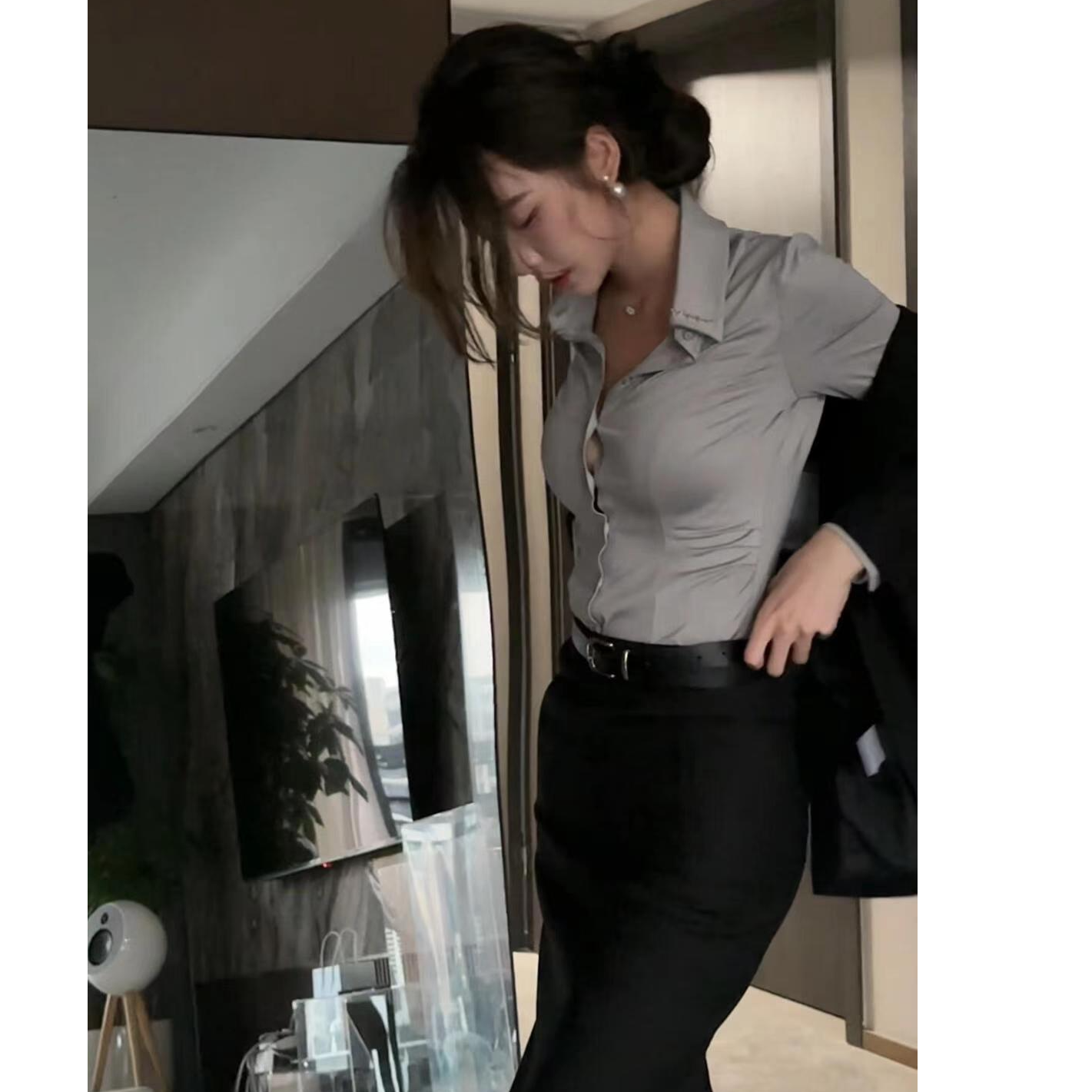 御姐气质套装修身收腰长袖衬衫上衣+高腰开叉辣妹包臀裙半身短裙