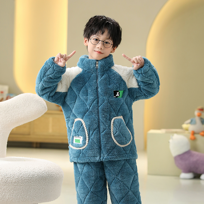 冬季加厚法兰绒儿童睡衣男童男孩珊瑚绒款女童宝宝家居服夹棉套装