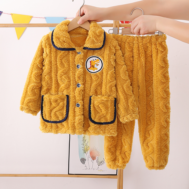 儿童法兰绒睡衣秋冬季男童女童家居服男孩宝宝加厚款珊瑚绒套装