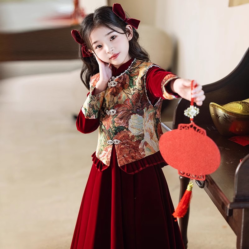 女童加绒唐装2025冬装新款新中式国风汉服套装儿童新年公主拜年服
