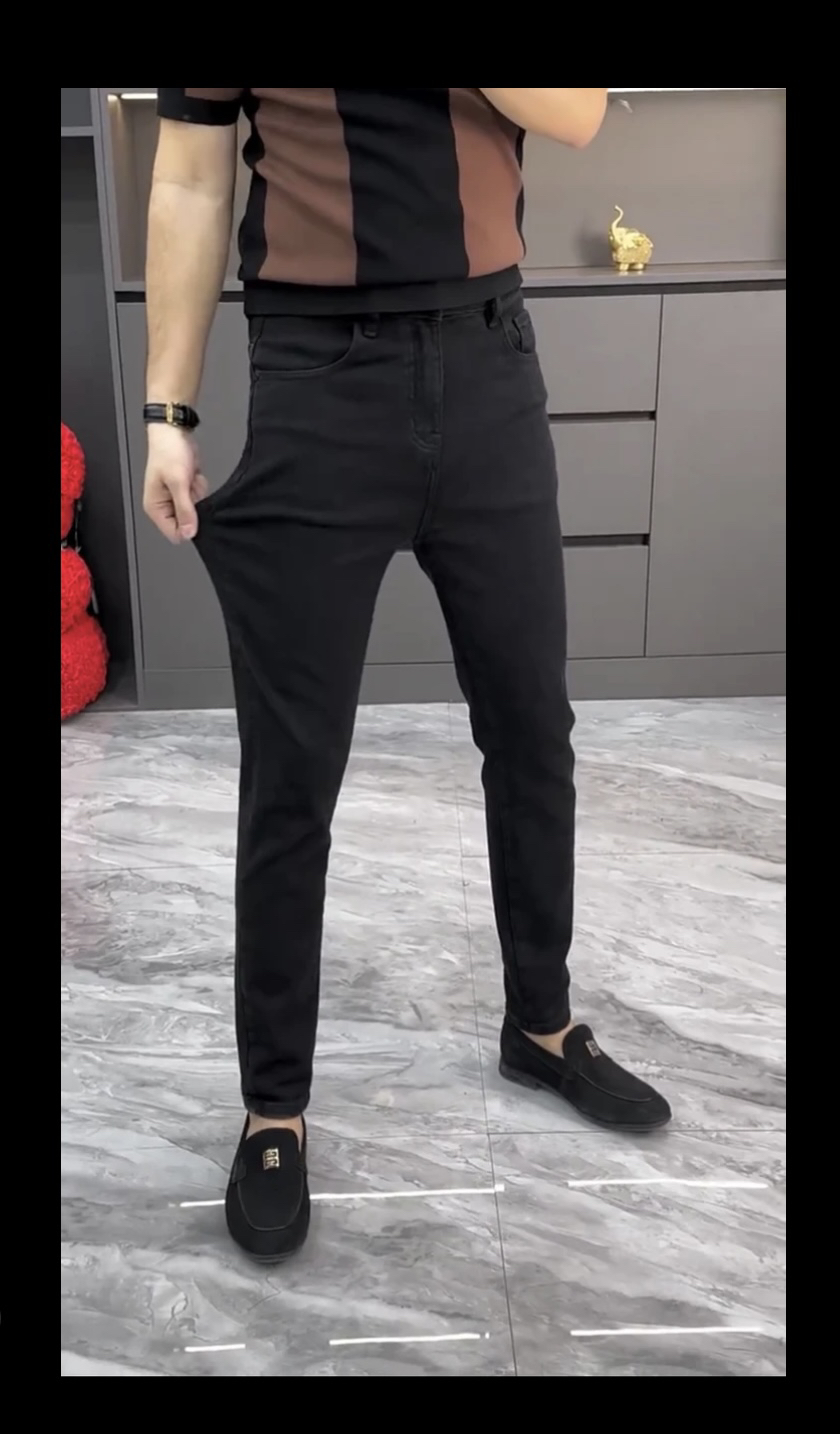 高奢男士秋冬欧货修身小脚牛仔裤黑色百搭时尚高弹潮流商务-7621
