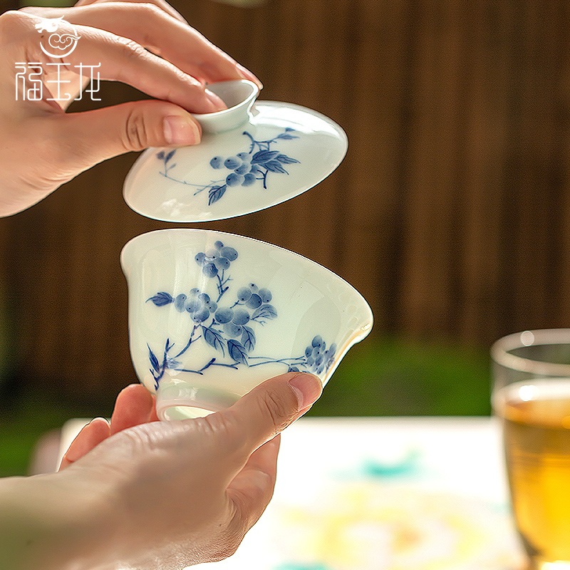 福玉龙手绘青花枇杷陶瓷盖碗茶杯高档景德镇茶碗带盖功夫茶道茶具