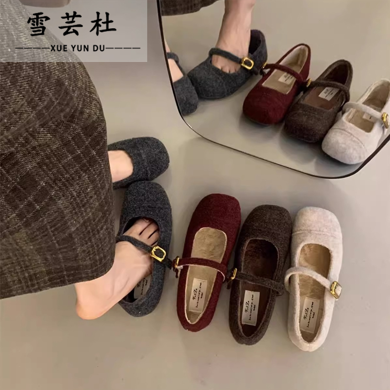 毛毛鞋女秋冬外穿新款法式复古仙女风圆头玛丽珍单鞋加绒平底棉鞋
