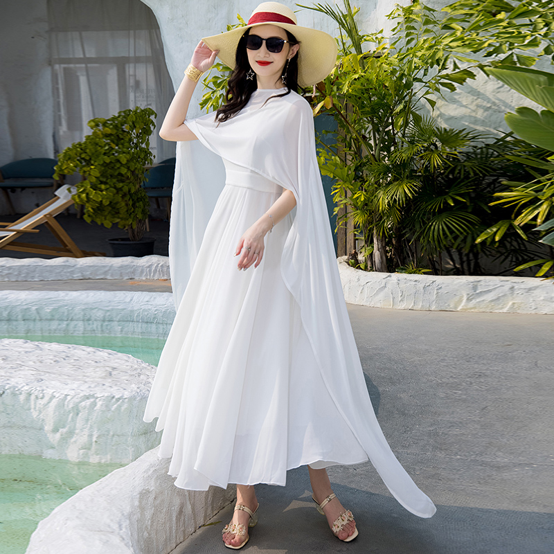 2023夏新款复古无袖披风仙女连衣裙两件套海边度假斗篷式沙滩长裙