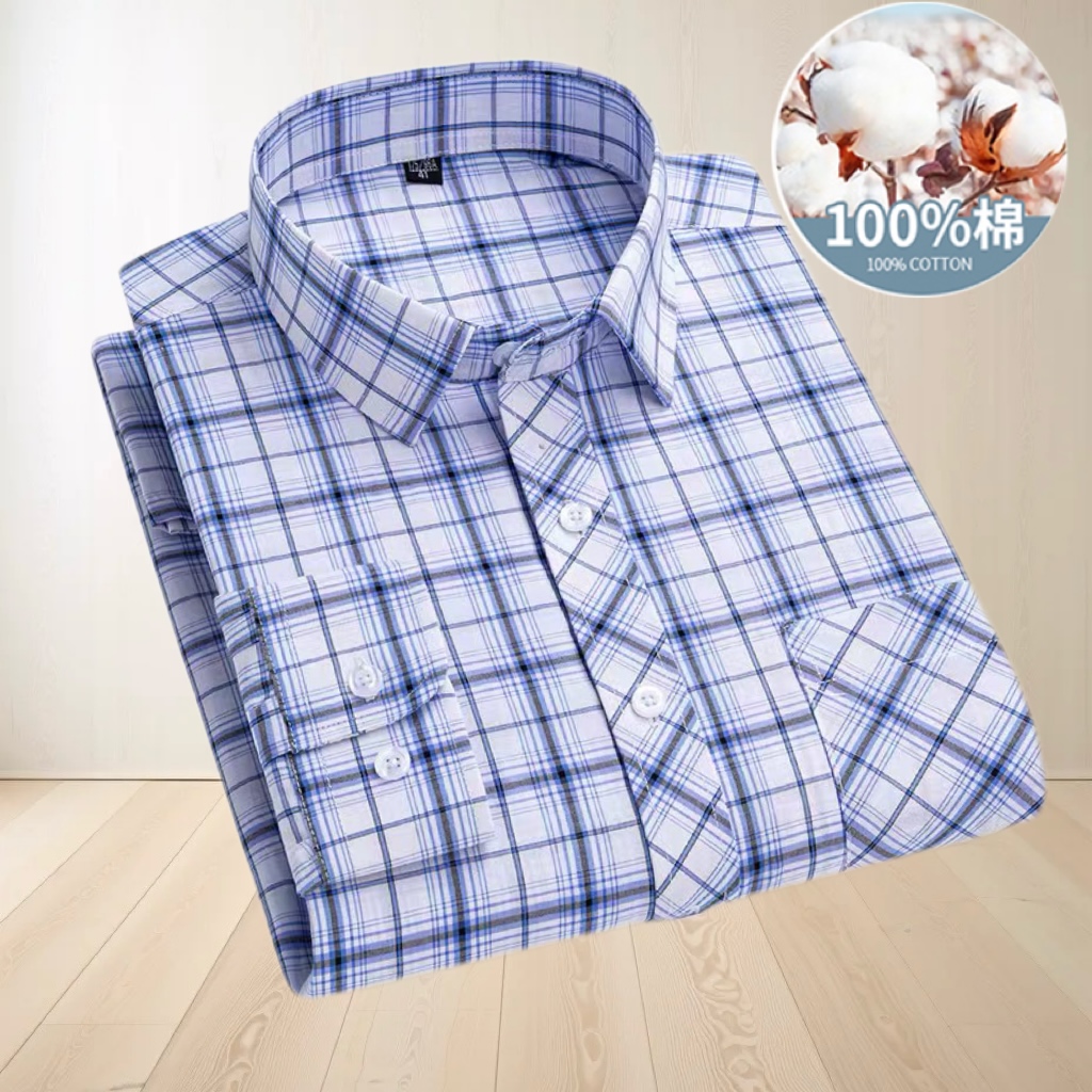 休闲夏季薄款男士长袖衬衫中年全棉宽松大码长袖爸爸装格子衬衣男