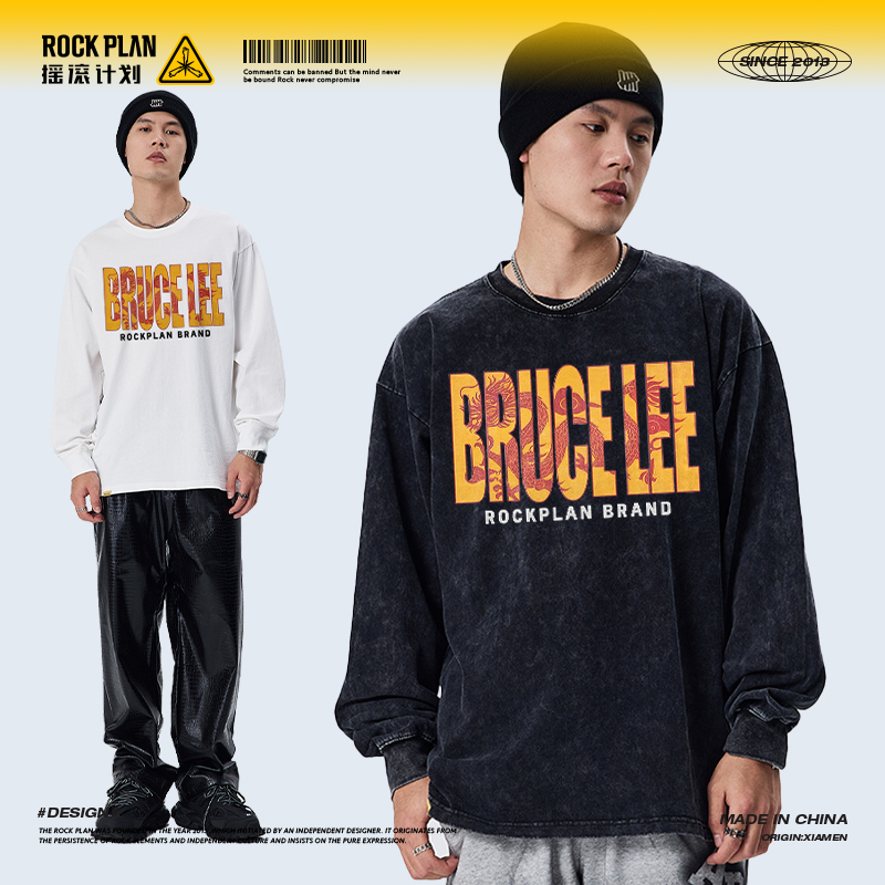 摇滚计划李小龙英文美式嘻哈复古水洗宽松男女同款圆领纯棉长袖