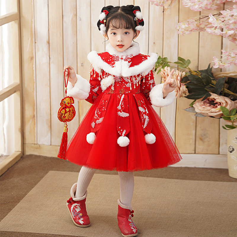 女小童汉服加绒保暖旗袍裙子小女孩公主裙周岁新中式连衣裙子A361