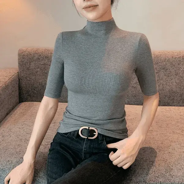 【买一送一】纯色半高领五分袖t恤女2024新款正肩修身百搭高档背心