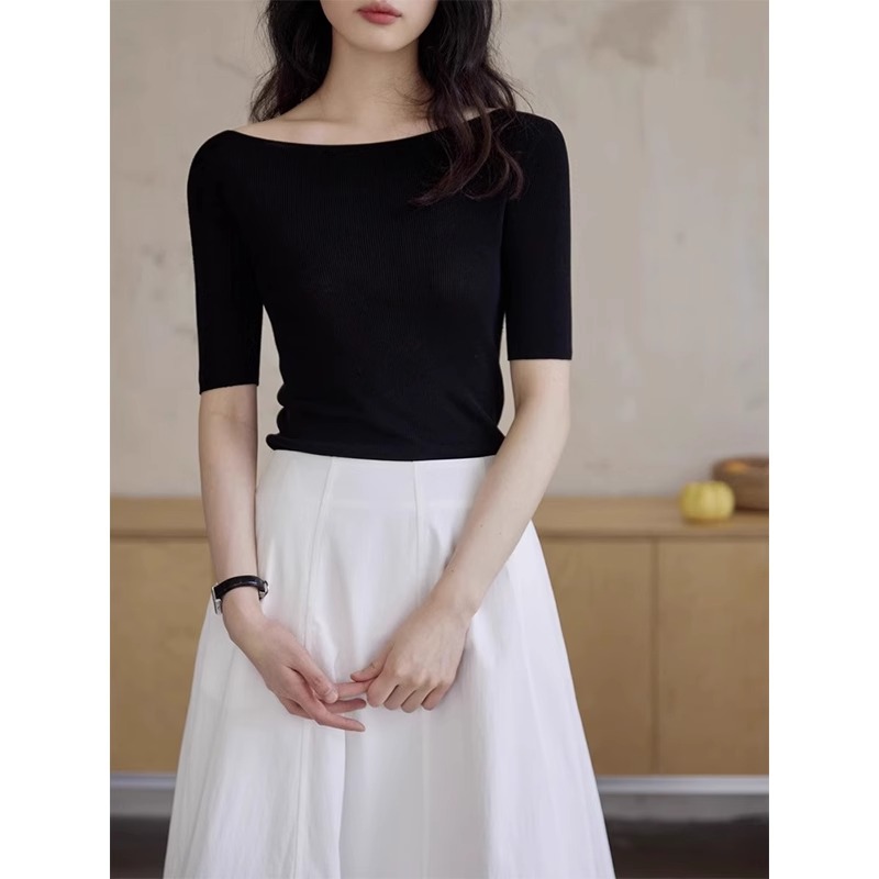 法式锁骨一字领冰丝针织衫短袖女夏季薄款黑色修身显瘦五分袖上衣