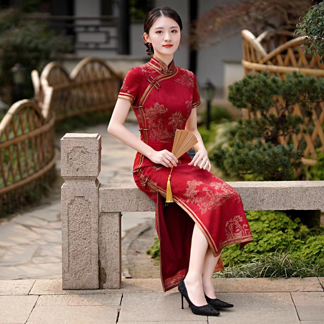 【旗开得胜】中国风夏季复古中长款修身提花优雅旗袍日常走秀气质