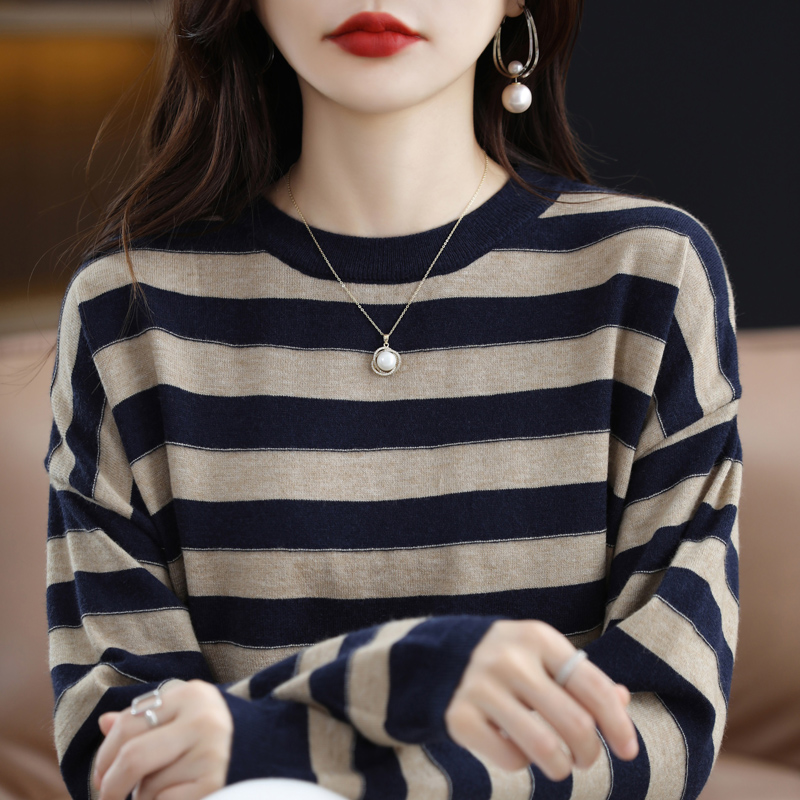 秋季新款！90-190斤圆领条纹羊毛时尚宽松大码针织打底衫