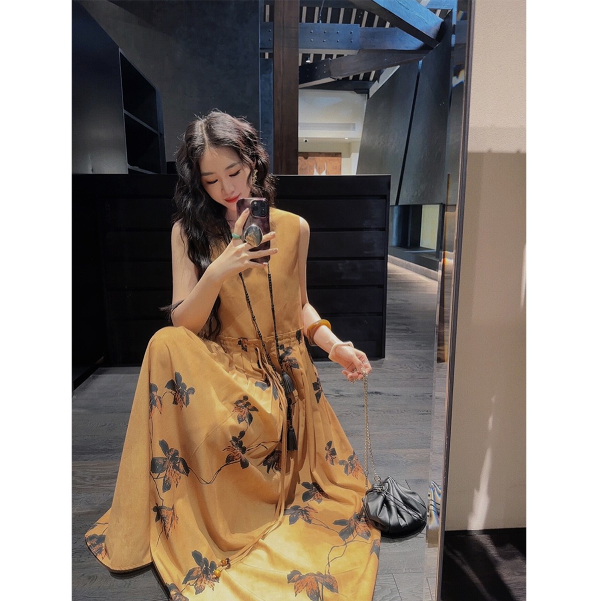 三吉黑花【花序】侘寂风高端连衣裙女夏季2024新款长裙子新中式潮