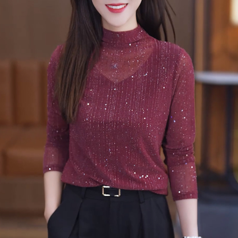 2025秋季新款网纱半高领T恤时尚百搭显瘦洋气高级感小众长袖上衣