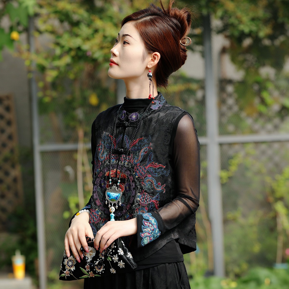 素娘女百搭宽松民族风印花绣花双面坎肩DY17759W秋冬马夹提花